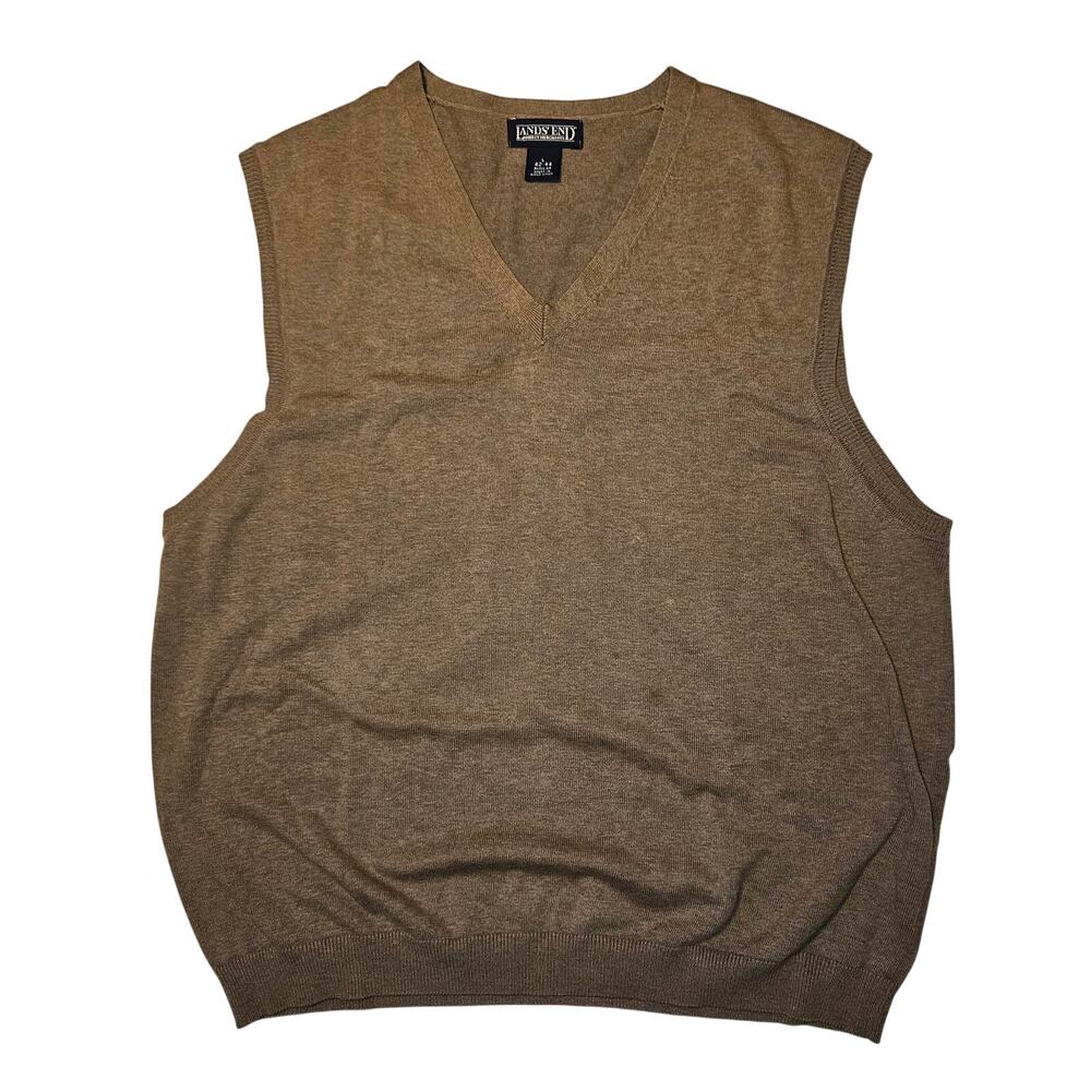 Vintage LAND'S END Sweater Vest Mens L 42-44 Brown Hong Kong Preppy V-Neck Knit